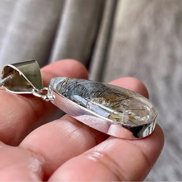 Black Rutilated Quartz Tear Drop Pendant 925 Sterling Silver 19" Necklace Chain - Picture 3 of 15